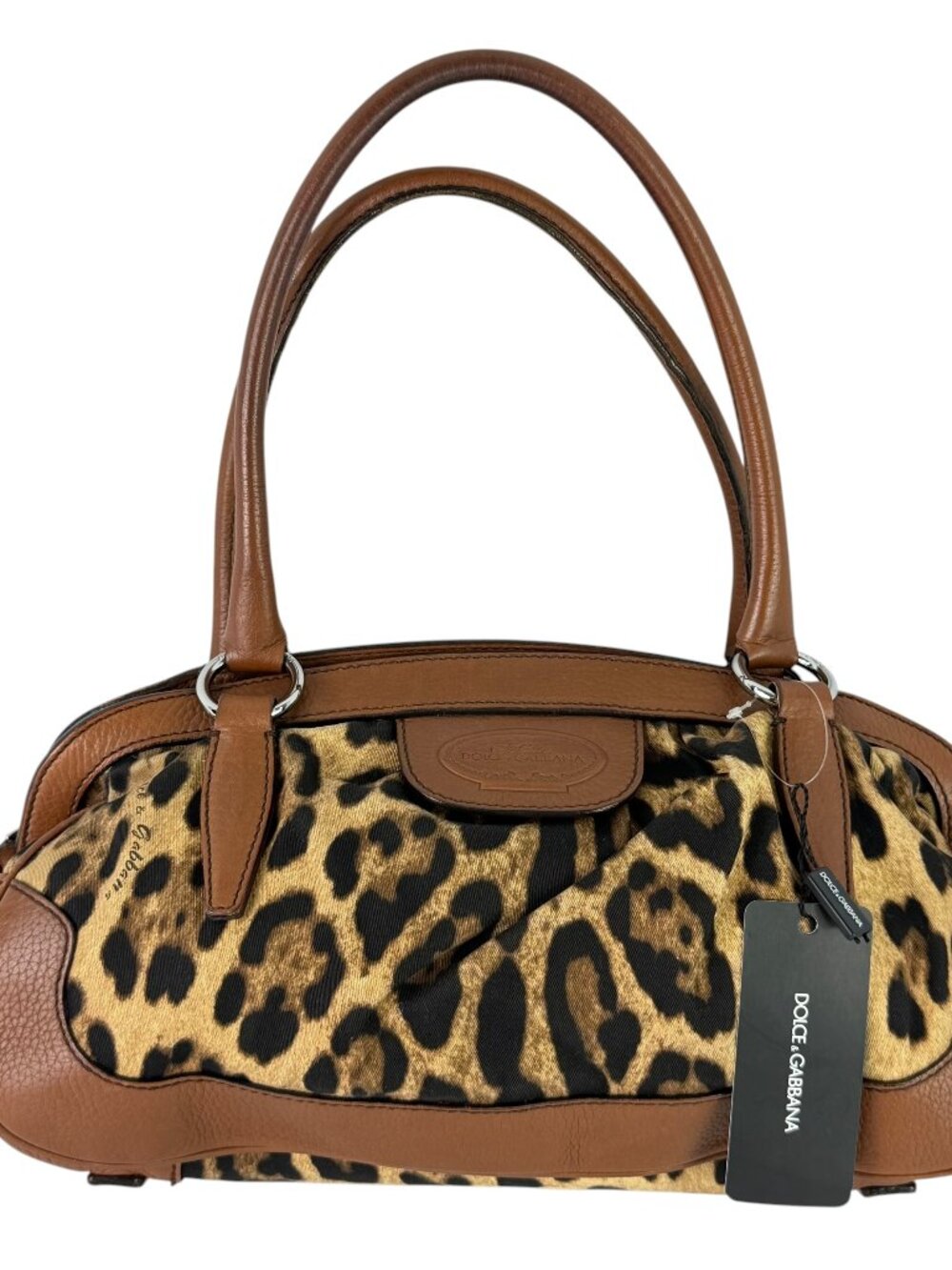 DOLCE & GABBANA Leopard Print Canvas and Brown Leather Satchel Bag Made in Italy